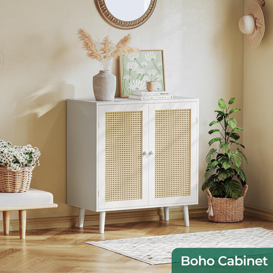 Buffet Cabinet with Storage, Storage Cabinet with PE Rattan Decor Doors, Accent Cabinet with Solid Wood Feet, Sideboard Cabinet for Hallway, Entry, Living Room, White-1
