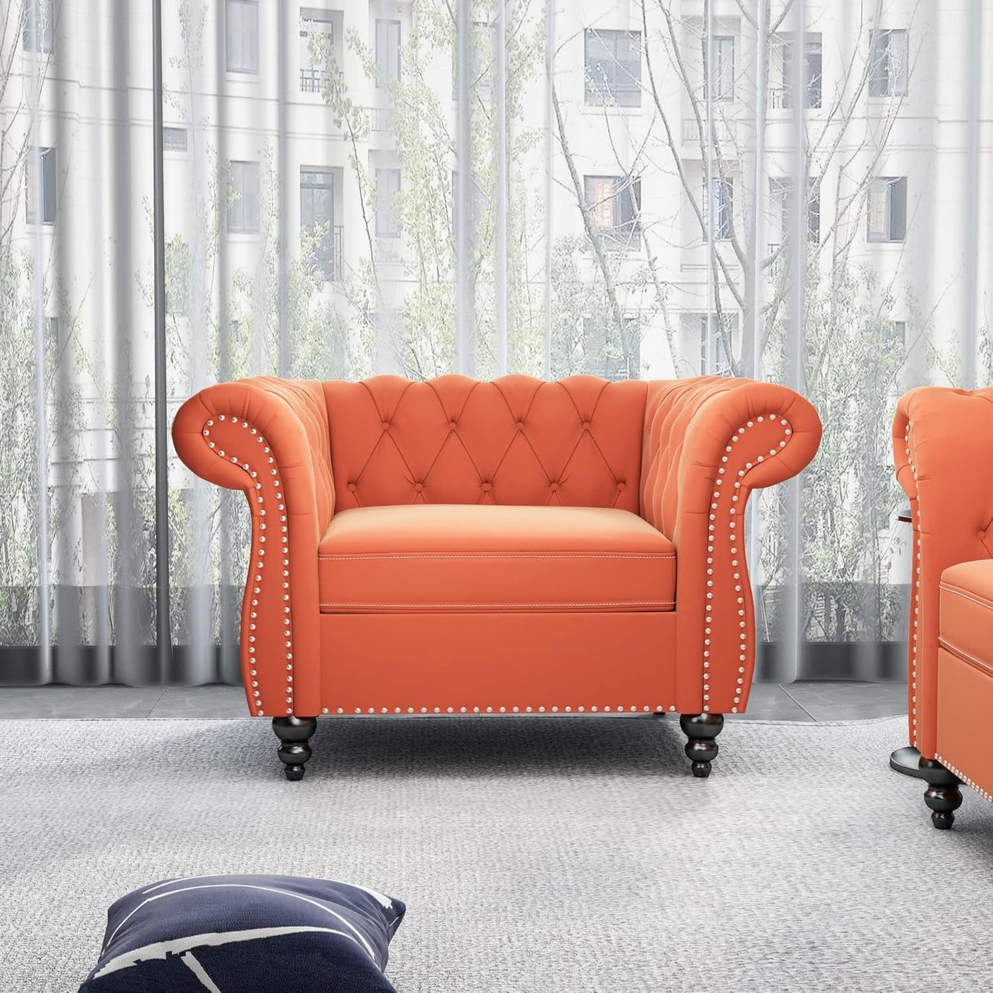 3-Piece Living Room Sectional Sofa Set, Upholstered Sofa Modern Sofa Couches Set Style Button Tufted, Velvet Chesterfield Sofa for Living Room Apartment, 1+2+3 Seat Orange-4