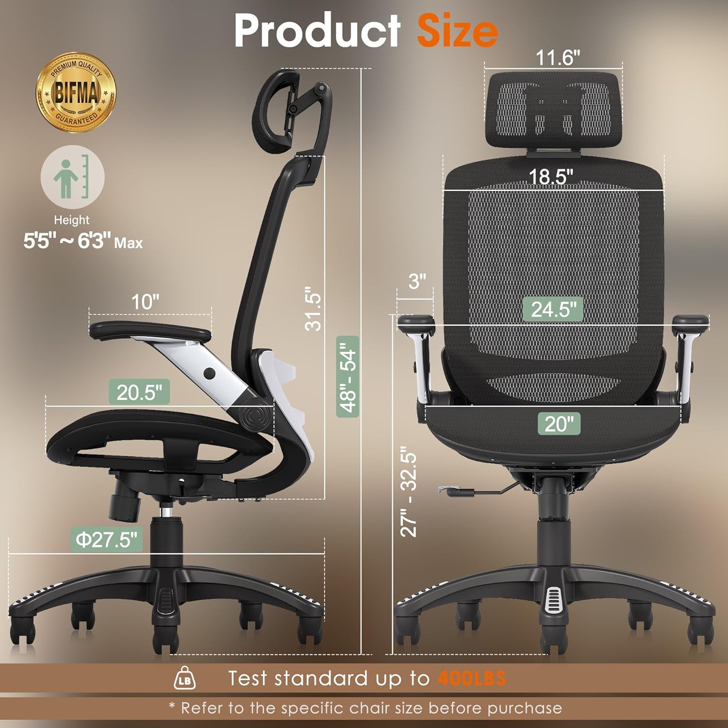 Big & Tall Mesh Office Chair, Ergonomic, Headrest, Tilt-1