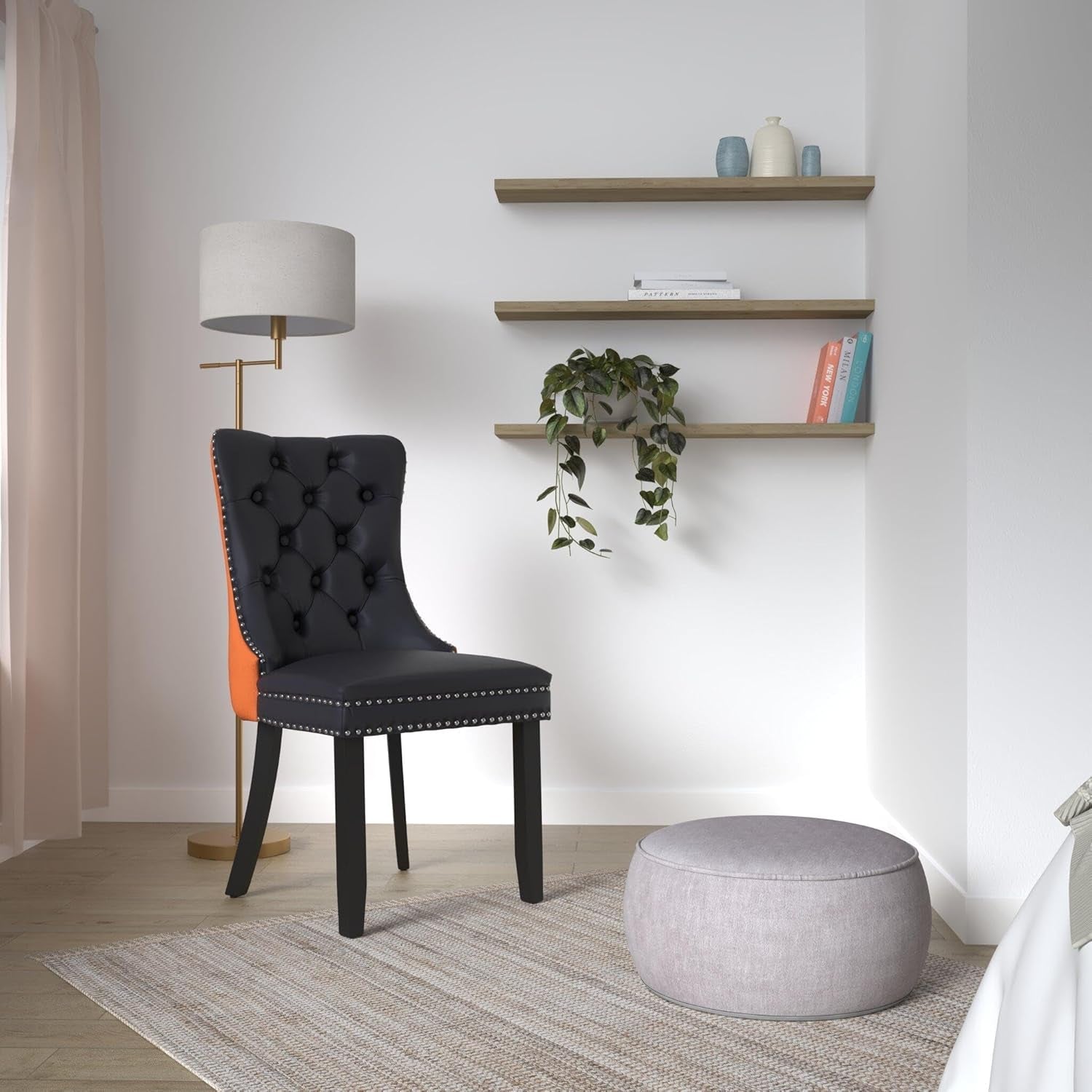 PU Leather Dining Chairs Set of 4, Upholstered Dining Room Chairs with Ring Pull Trim & Button Back, Luxury Tufted Dining Chairs for Living Room, Bedroom, Kitchen (Black Pu&Orange Velvet)-1