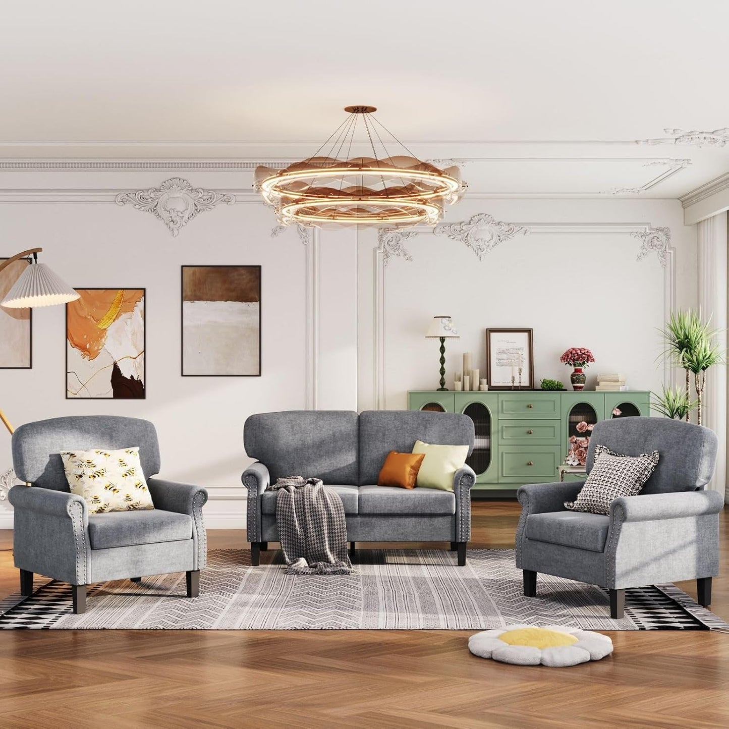 3 Piece Living Room Furniture Set, 1 Loveseat & 2 Accent Chairs, Linen Fabric Comfy Sectional Sofa Couch for Living Room, Bedroom, Grey-0