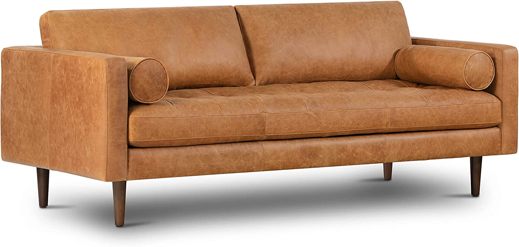 Cognac Tan Brown Leather Couch - 88.5" Mid Century Leather Sofa with 2 Bolsters - Full Grain Camel Leather Couch - Feather-Down Topper on Seating Surface - Pure-Aniline Italian Leather-0
