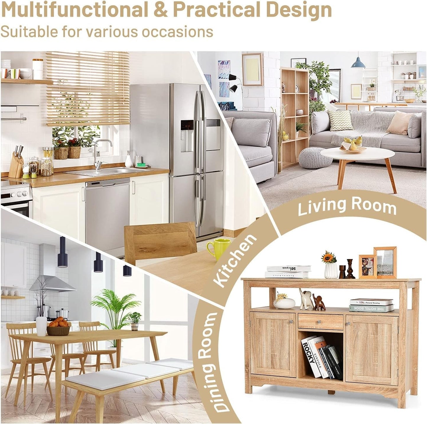 Natural Wood Dining Table Buffet Server Sideboard with Wine Storage-1