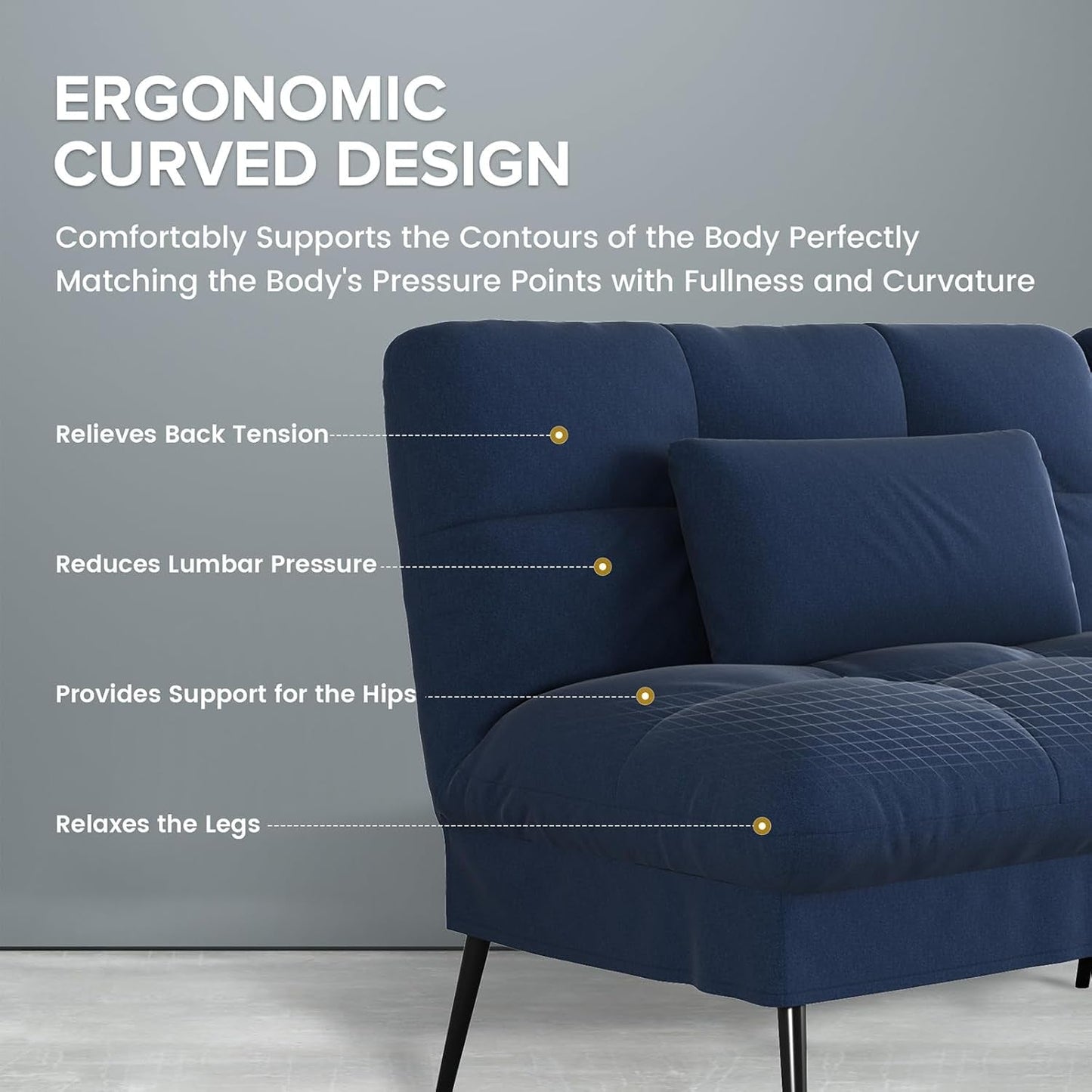 Convertible Futon Sofa Bed, 68″Fabric Futon Couch with Adjustable Backrest, Folding Futon Sleeper Recliner for Living Room Furniture (Drak Blue)-4