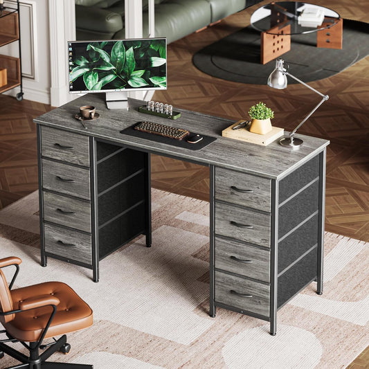 47 Inch Computer Desk with 8 Drawers, Office Desk Work Desk for Home Office, Study, Gaming Desk with Fabric Drawers, Large Storage, Grey-1