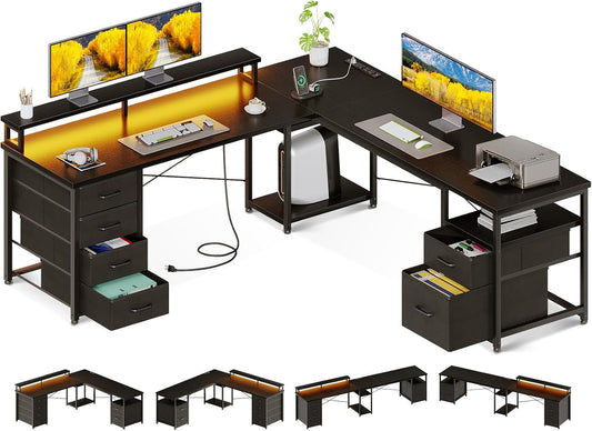 66" L Shaped Computer Desk, 113“ Reversible Home Office Desk with File Cabinet & 4 Fabric Drawers, Two Person Desk with LED Lights & Power Outlet, Corner Gaming Desk with Monitor Shelf, Black-0