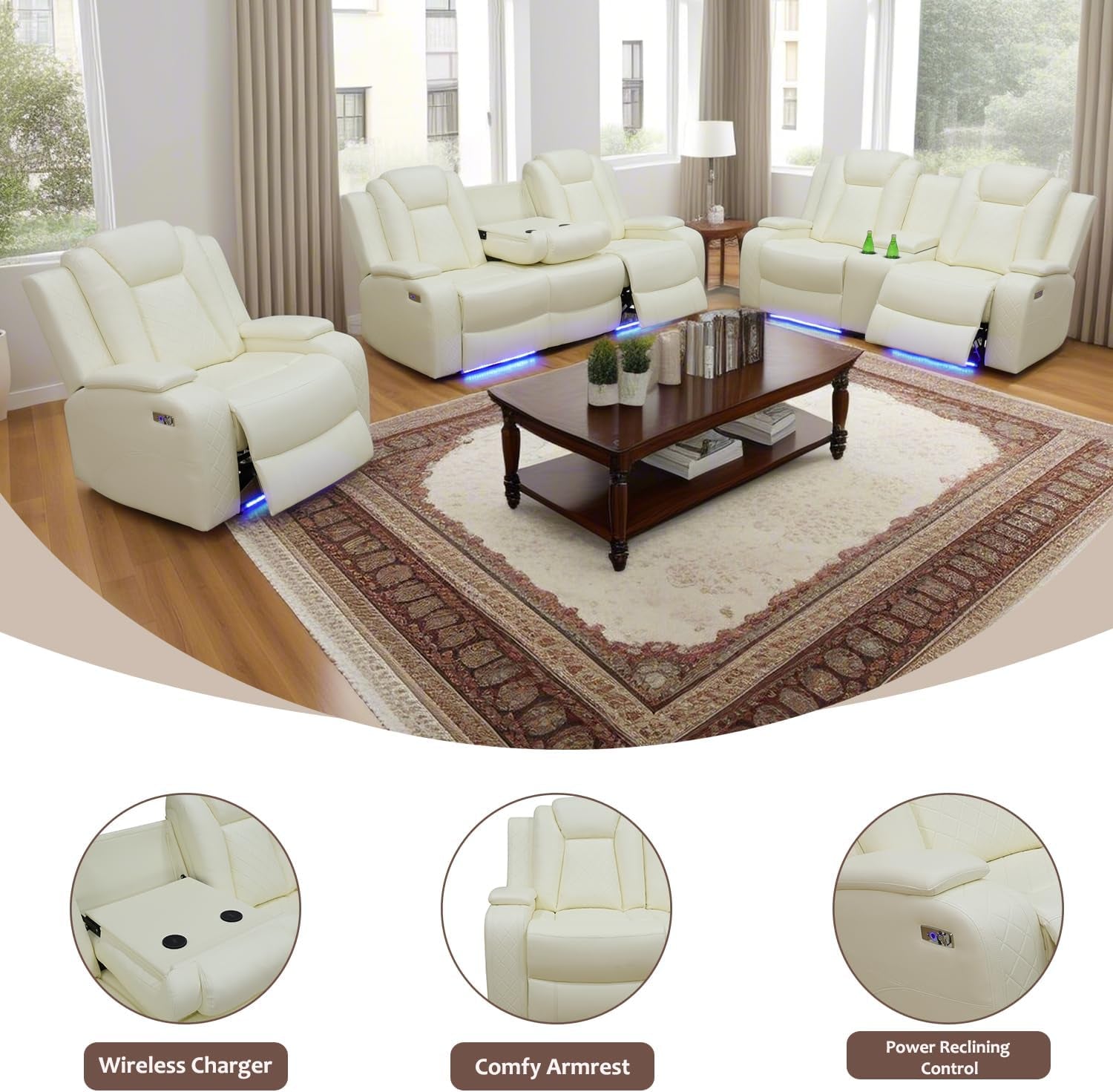 Power Reclining Sofa Set, Living Room Furniture Set with USB Ports, Leather Recliner Couches Set for Living Room/Apartment/Office/Home Theather (Creamy White, Sofa+Loveseat+Chair)-3