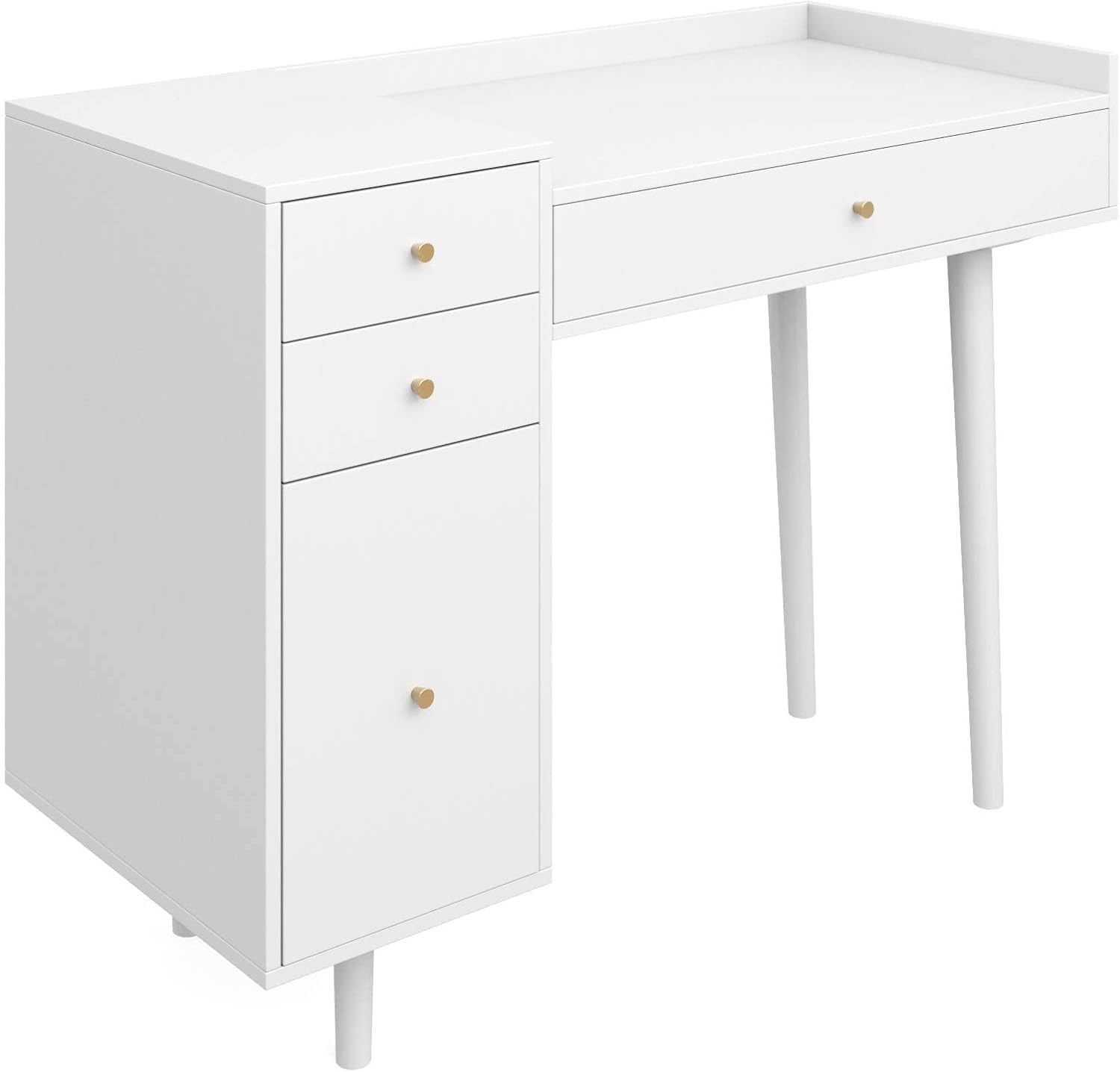 Daisy Vanity Dressing Table or Makeup Desk with 4-Drawers and Brass Accent Knobs, White Wood-3