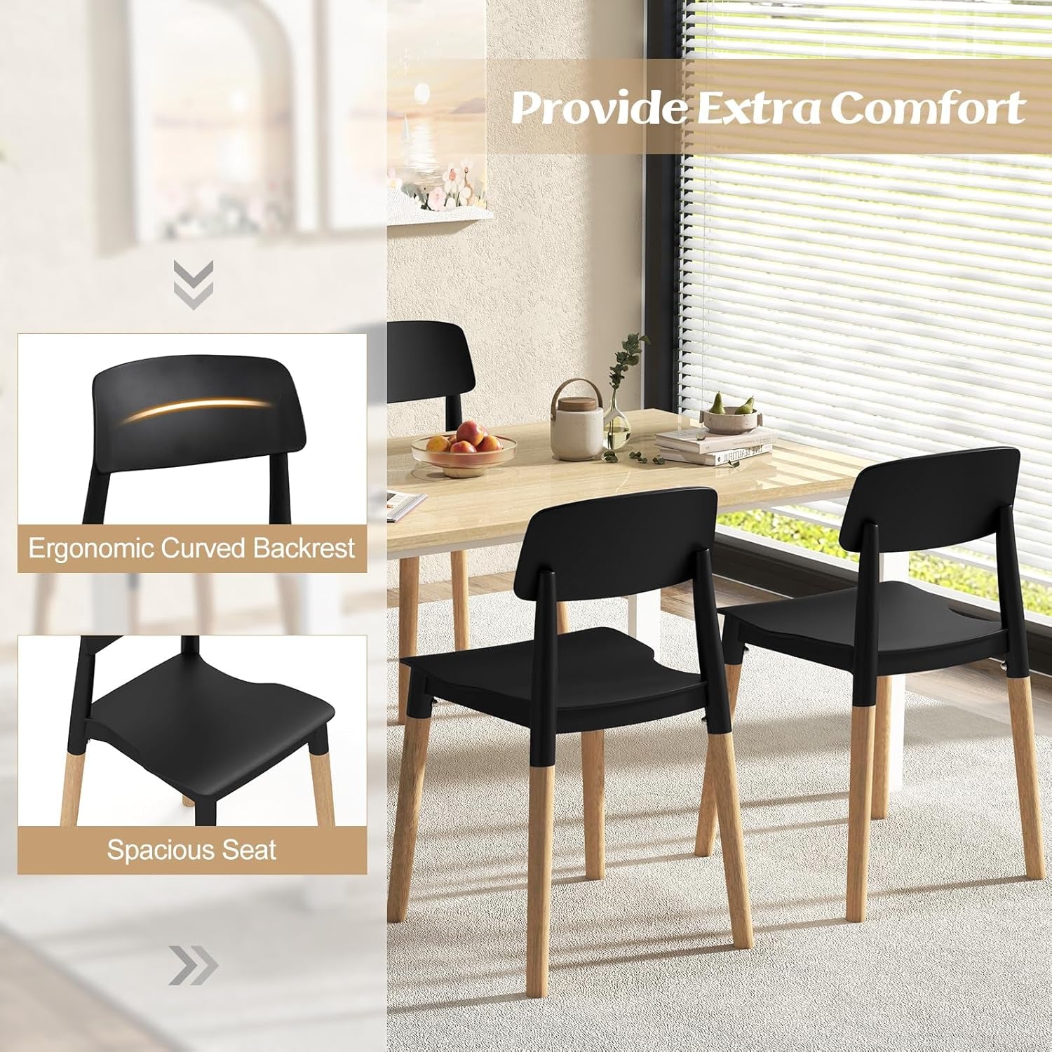 Wooden Dining Chairs Set of 4, Modern Dining Side Chairs Set W/Ergonomic Backrest, Wide Seat & Sturdy Wooden Legs, Armless Kitchen Chairs for Dining Room Living Room Restaurant Cafe (Black)-3
