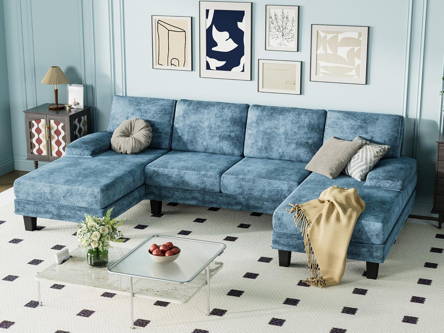 Convertible Sectional Sofa U-Shaped Couch with Soft Modern Cotton Chenille Fabric for Living Room, Oversized Seats with Comfortable Backrest, Dark Blue-2