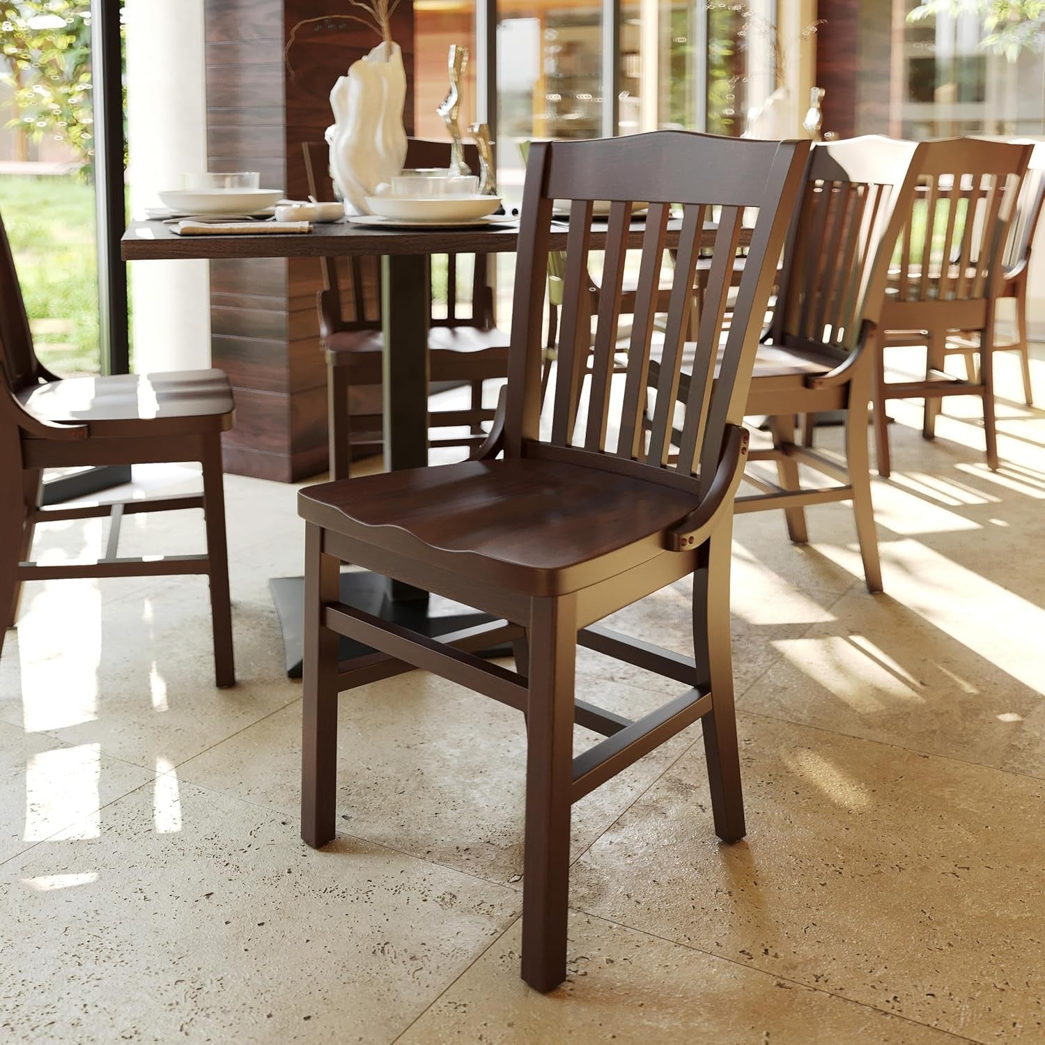 Hercules Series School House Back Mahogany Wood Dining Chair, Traditional Elegant Wood Restaurant Chair, Walnut Wood-1