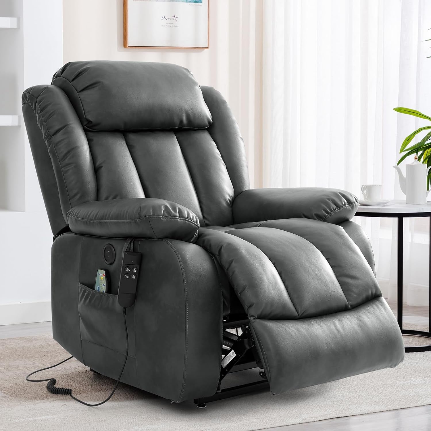 Dual Motor Large Power Lift Recliner Chair Recliners for Elderly, Infinite Position Recliner Chair with Heat and Massage, Breathable Leather(Gray)-0