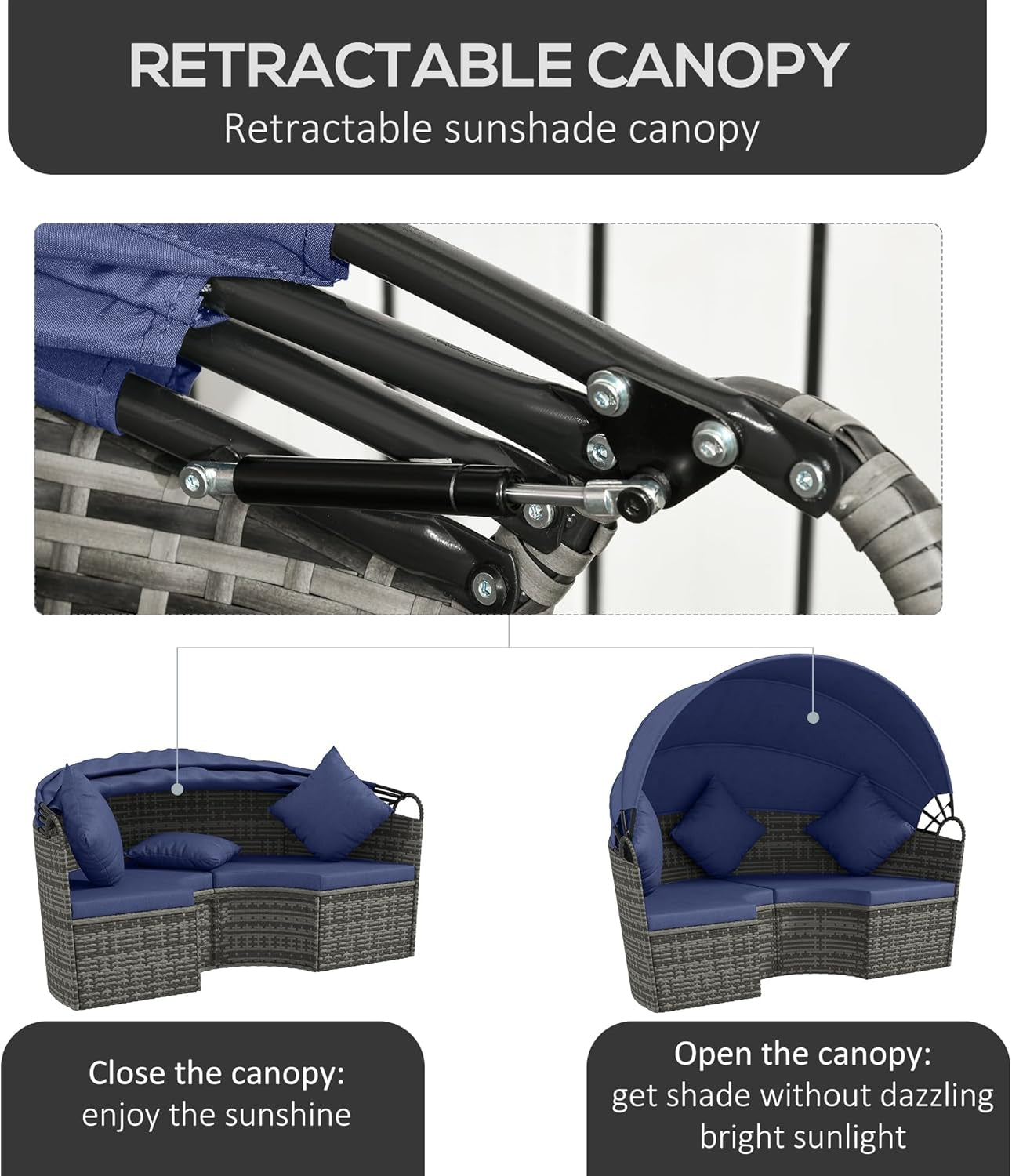 4 Piece round Rattan Daybed, Convertible Patio Furniture Set, Adjustable Sun Canopy, Sectional Outdoor Sofa, 2 Chairs, Extending Tea Table Ottoman Chair, 3 Pillows, Dark Blue-3