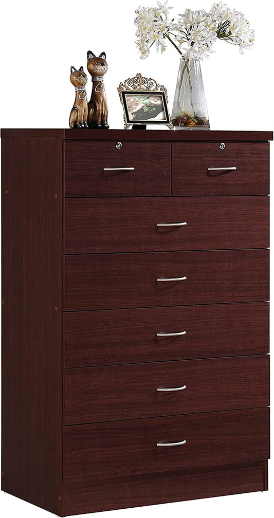 7 Drawer Wood Dresser for Bedroom, 31.5 Inch Wide Chest of Drawers, with 2 Locks on the Top Drawers, Storage Organization Unit for Clothing, Mahogany-0
