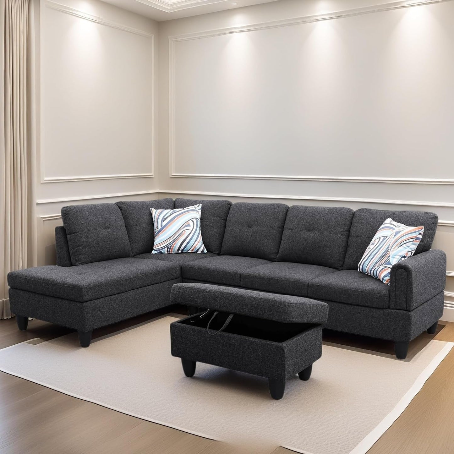 L Shaped Sectional Couches for Living Room, Modern Modular Sectional Sofa with Ottoman Storage, Comfy L Shaped Couch with Chaise for Bedroom Apartment Furniture, Gray-2