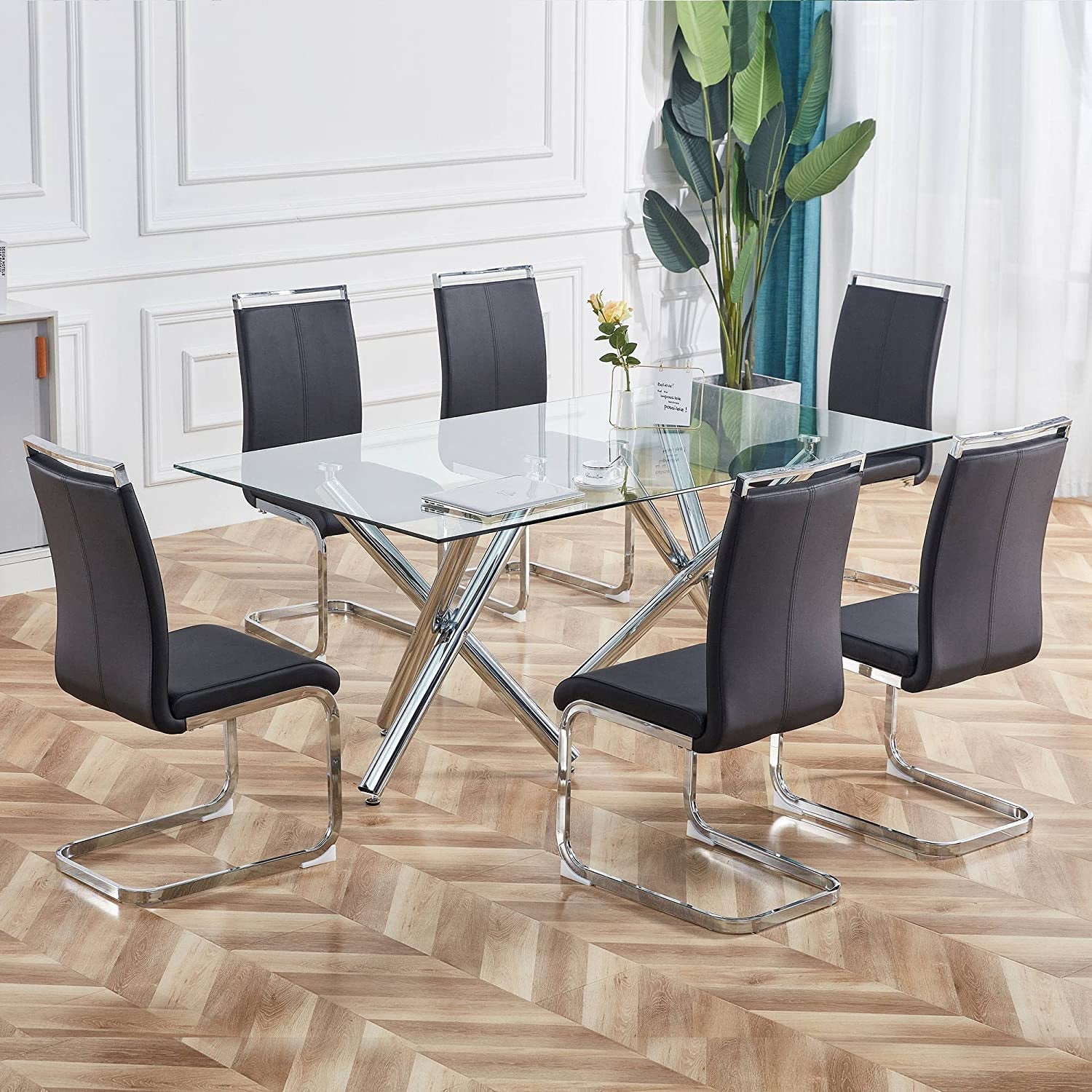 Modern High-Back Faux Leather Dining Chairs, Set of 4, Black-1