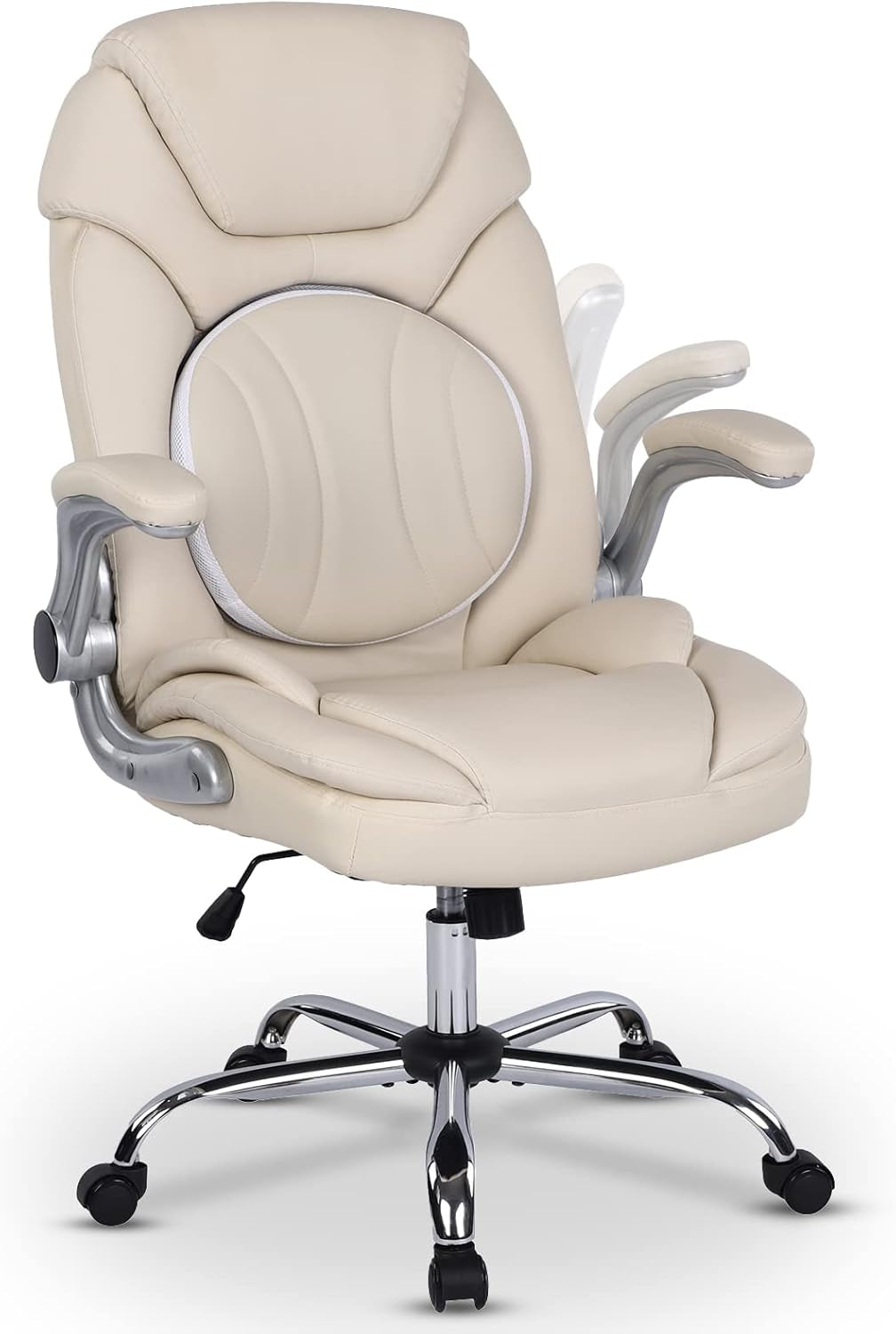 Modern Executive Office Chairs with Lumbar Support90-120 Degree Rocking Managerial Chairergonomic PU Leatherhomeofficedeskchairs with Wheels,Flip-Up Arms & Back Support(White)Medium(300Lbs)-0