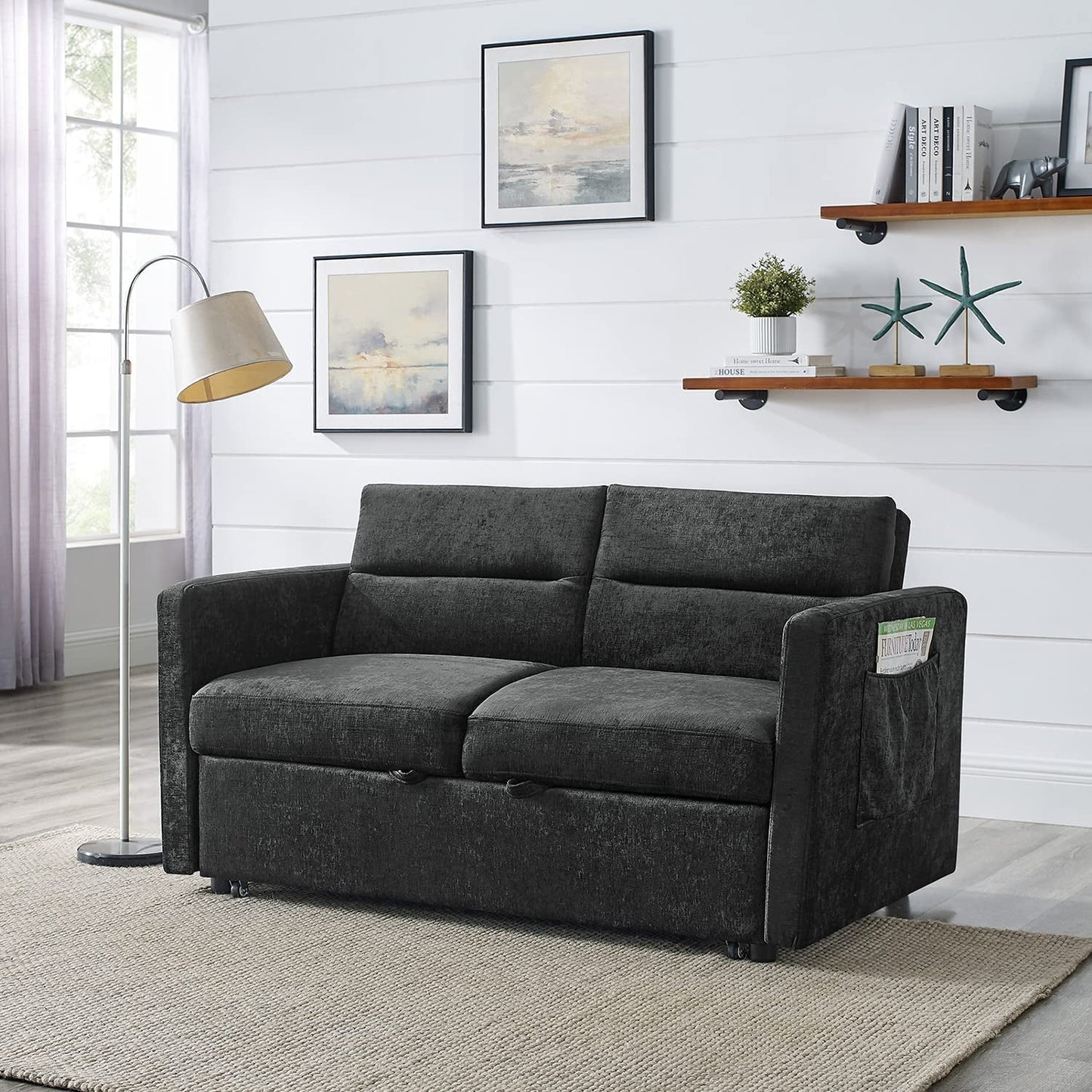 Modern Black Convertible Sofa Bed with Reclining Backrest-0