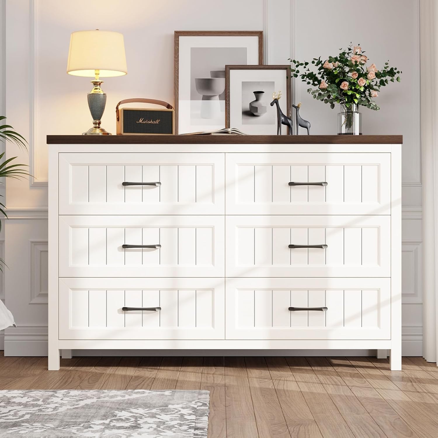 Farmhouse Dresser 6 Drawer Dresser for Bedroom, Large Wooden Dressers Double Grey Dresser with Deep Drawers Dressers for Hallway, Entryway (White and Brown)-2