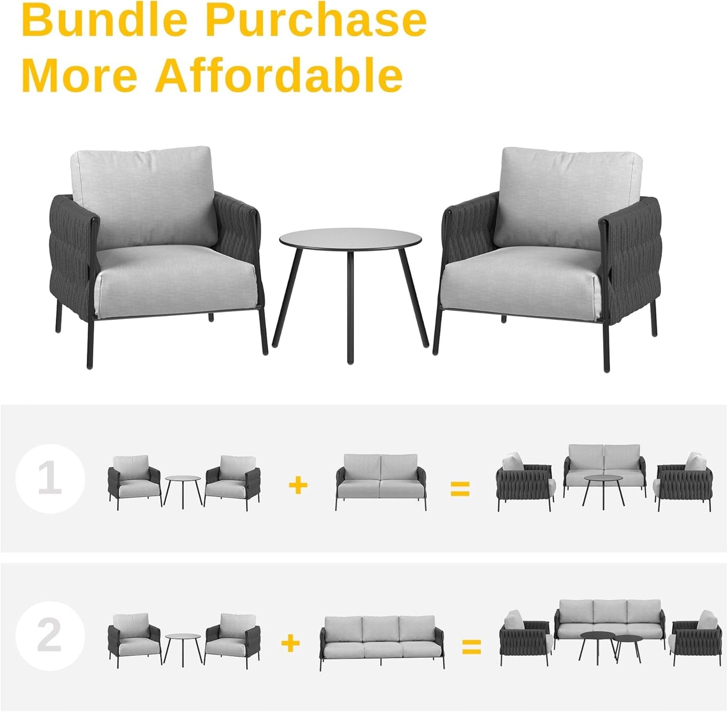 3 Pieces Patio Furniture Set, Armchairs with Coffee Table, Outdoor Furniture Set with Cushion, Modern Outdoor Furniture Deep Seating for Outdoor Garden Porch, Earth Black & Misty Grey-2