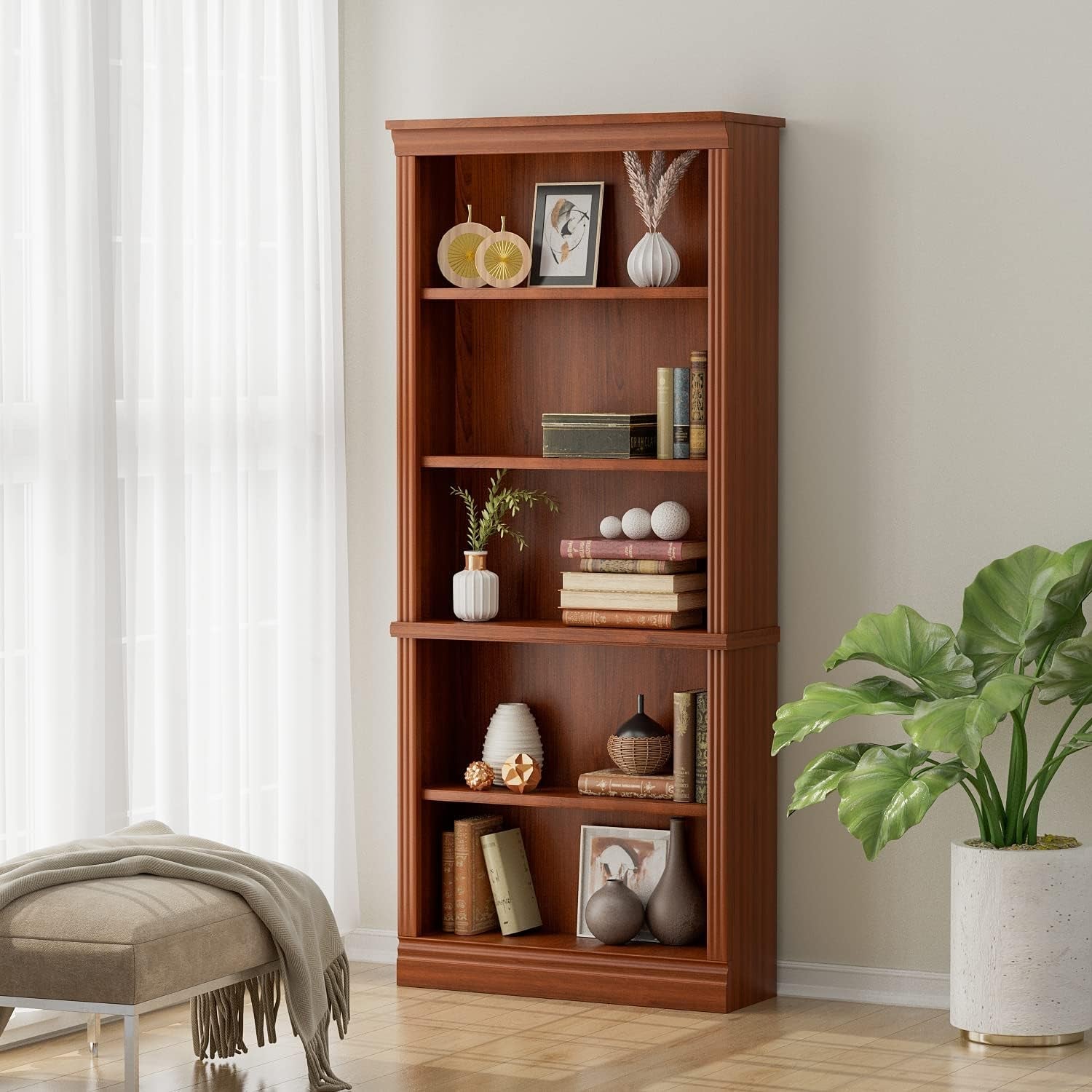 Cherry 5-Shelf Wooden Standing Bookcase Storage Rack-0