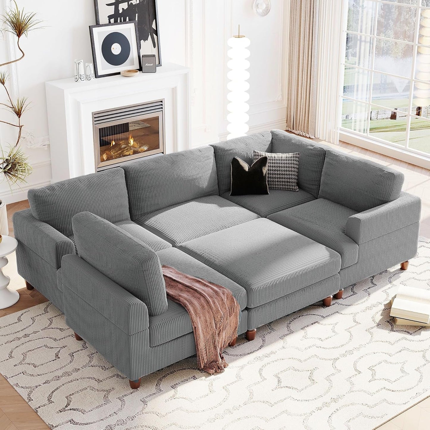 Deep Seat Convertible Modular Sectional Sofa Set, Free Combinational Corner Couch with Movable Ottoman, 6-Seater Corduroy Upholstery Comfy Sofa&Couches with Wooden Legs for Living Room-0