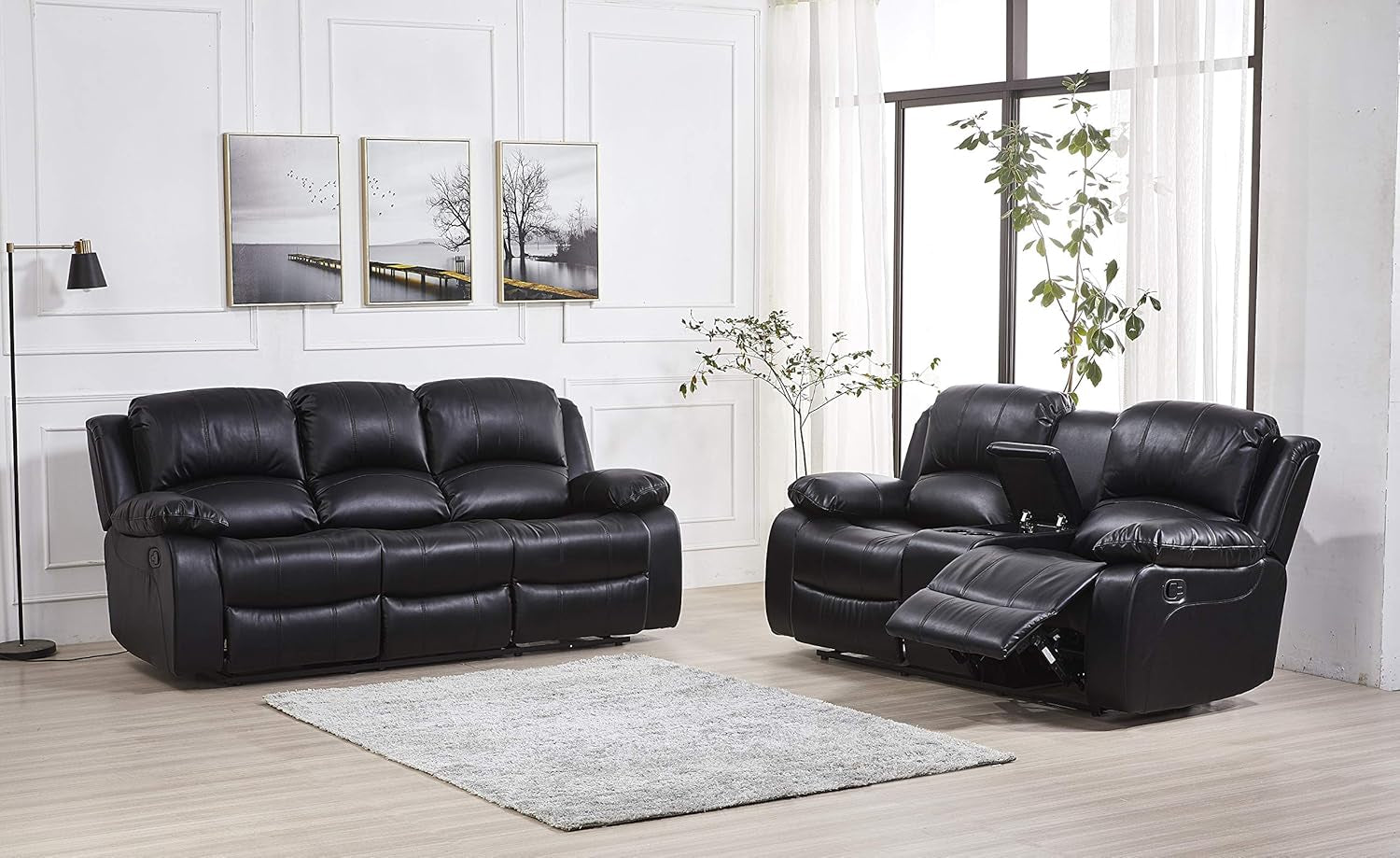2PC Bonded Leather Recliner Set, Sofa, Loveseat, 8018, Black-2