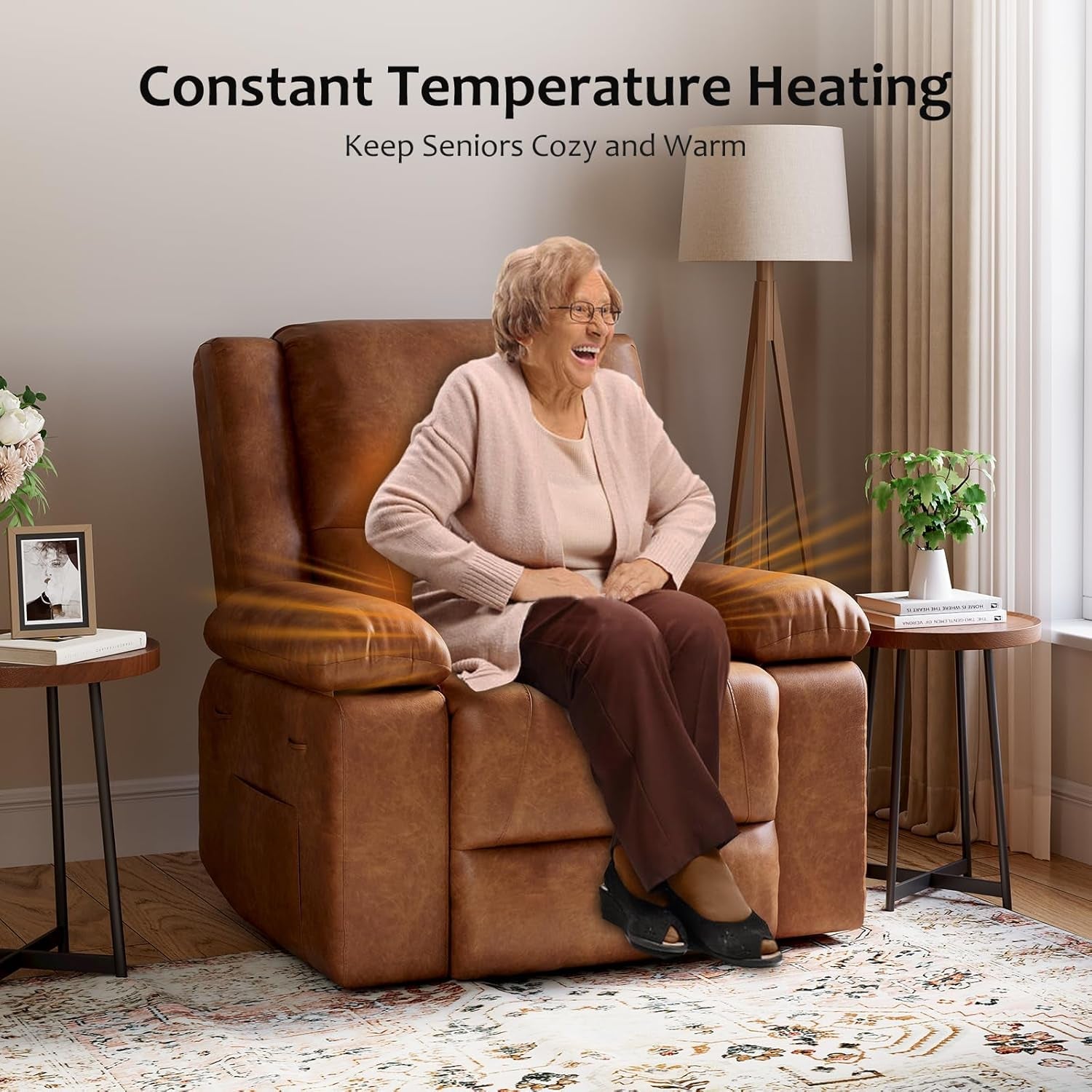 Oversized Faux Leather Power Lift Recliner W/Massage and Heat for Elderly, Recliner Chairs with Pockets for Living Room (Cognac, Large)-3