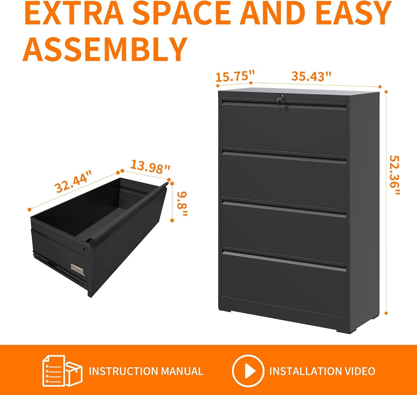 File Cabinets 4 Drawer,Metal Office Storage Filing Cabinet with Lock,Black Lateral Filing Cabinet for Home Office,Horizontal Locking File Cabinet for Legal/Letter/A4,Assembly Require,Black-2