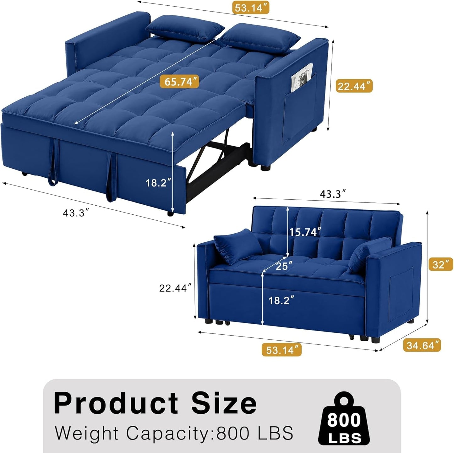 3 in 1 Convertible Sleeper Sofa Bed, Futon Couches for Living Room with Side Pocket | Adjustable Backrest| Velvet Fabric | Pull Out Couch | Recliner Loveseat | Sectional Sofa, Blue-1