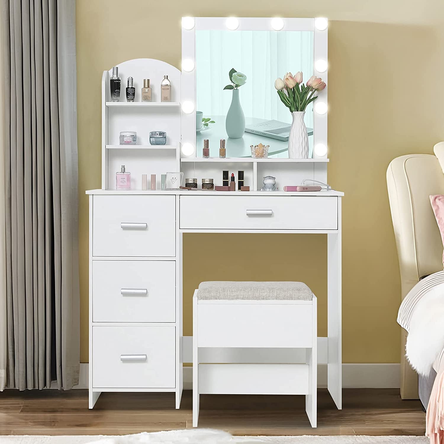 White Vanity Desk with Lighted Mirror and Charging Station-0