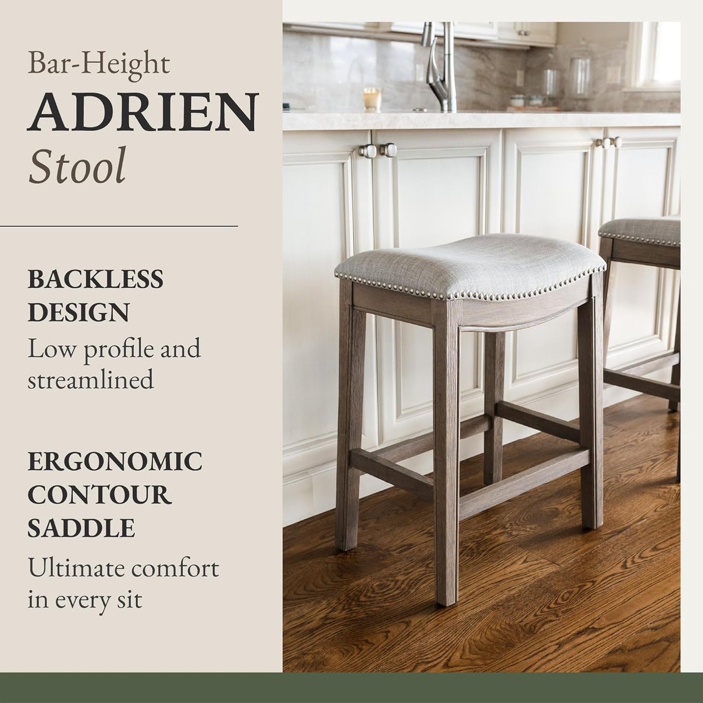 Adrien 31 Inch Bar Height Upholstered Backless Saddle Barstool in Reclaimed Oak Finish with Ash Grey Fabric Cushion Seat, Set of 4-3