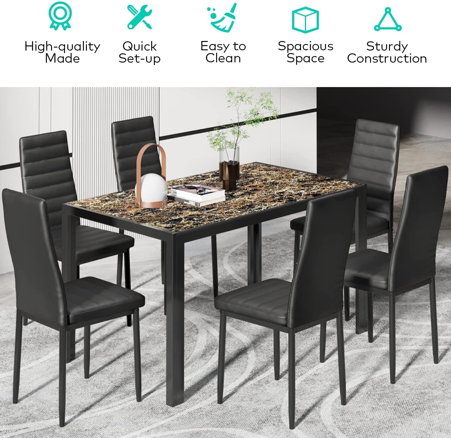 7-Piece Glass Dining Table Set for 6, PU Leather Chairs-1