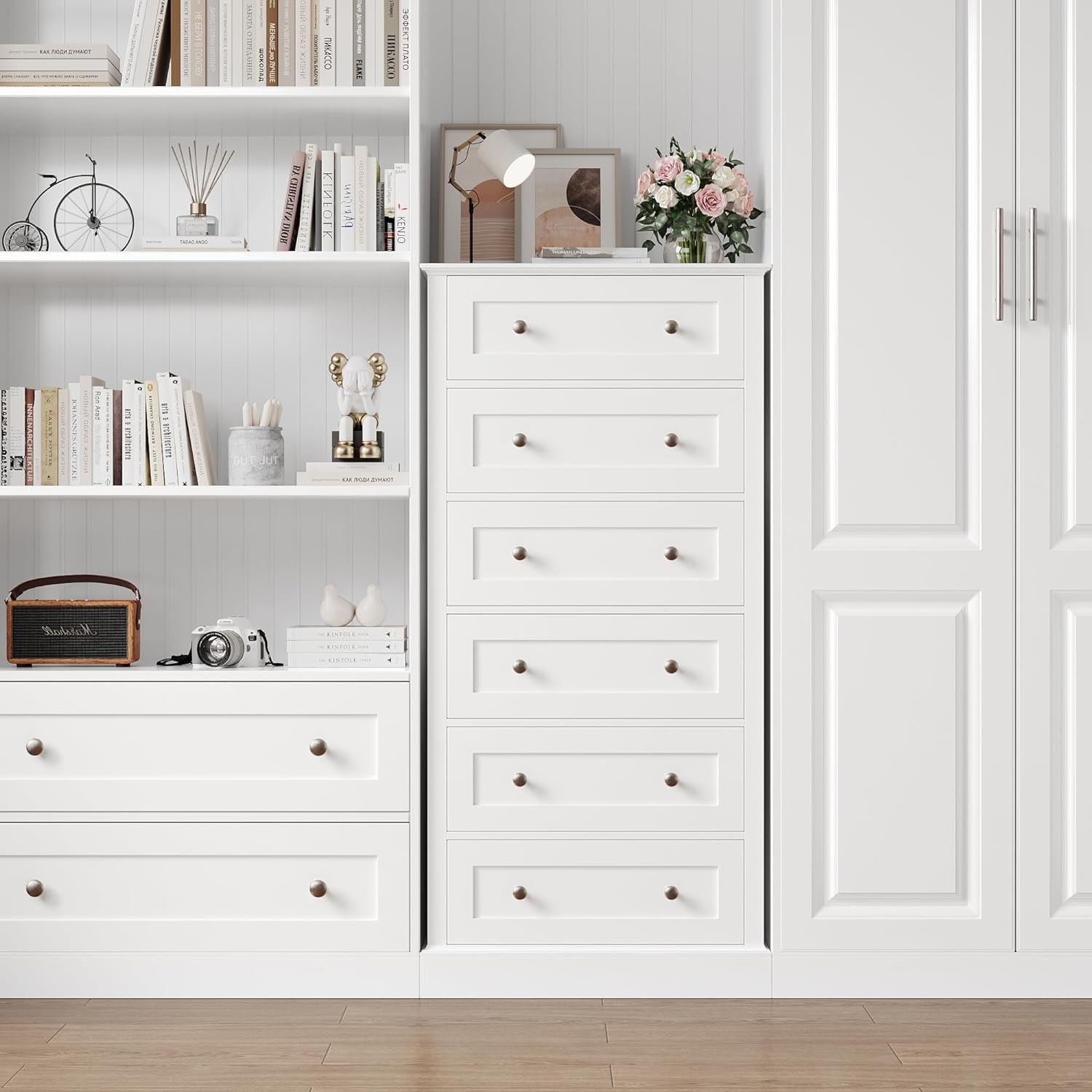 White 6-Drawer Dresser with Metal Handles-3