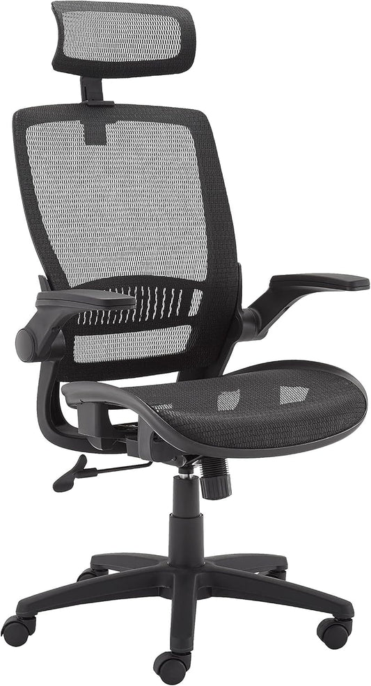 Ergonomic High-Back Desk Chair, Comfortable Flip-Up Armrests, Contoured Mesh Seat, Swivel, Black, 25.5"D X 26.25"W X 49.25"H-0