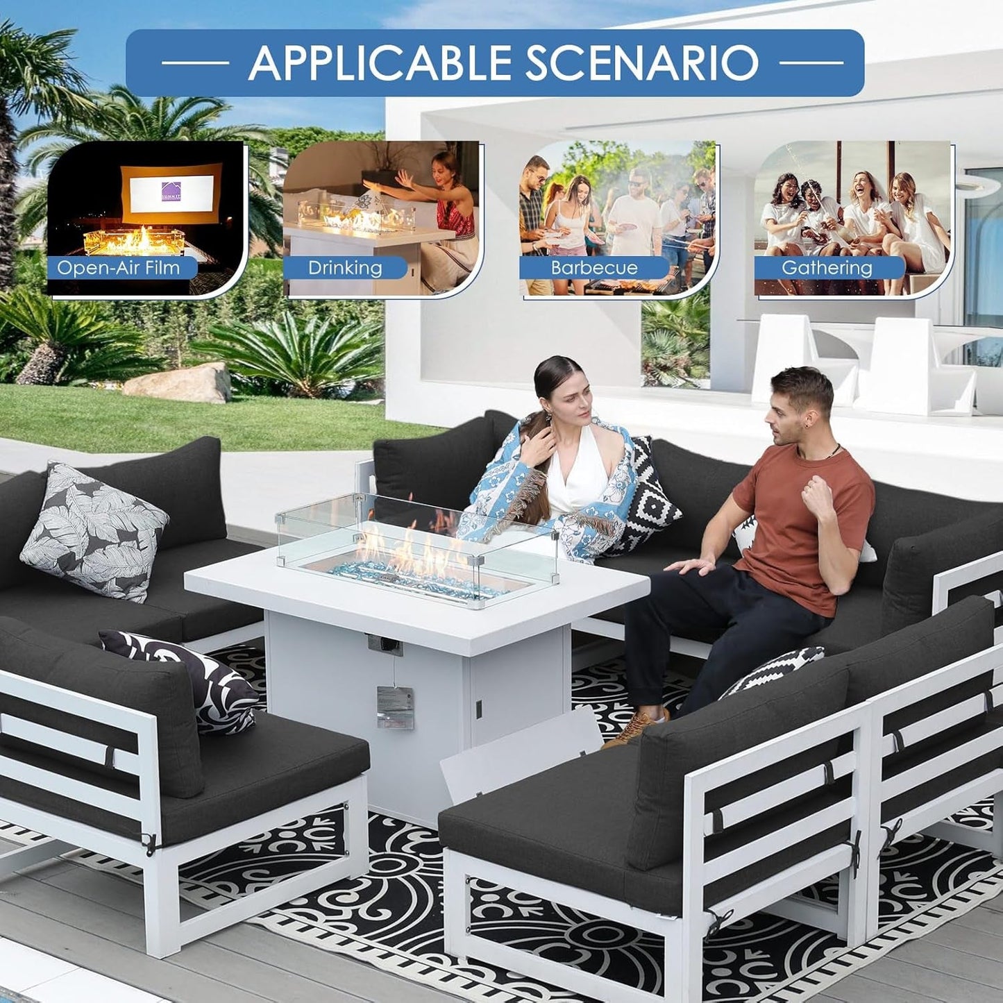 ® Modern Large White Aluminum Outdoor Patio Furniture Set with Propane/Natural Gas Fire Pit Table, 29'' Deep Wide Seating Conversation Sofa L Shaped Sectional Couch Set (6 Pieces, 5 Seats)-1