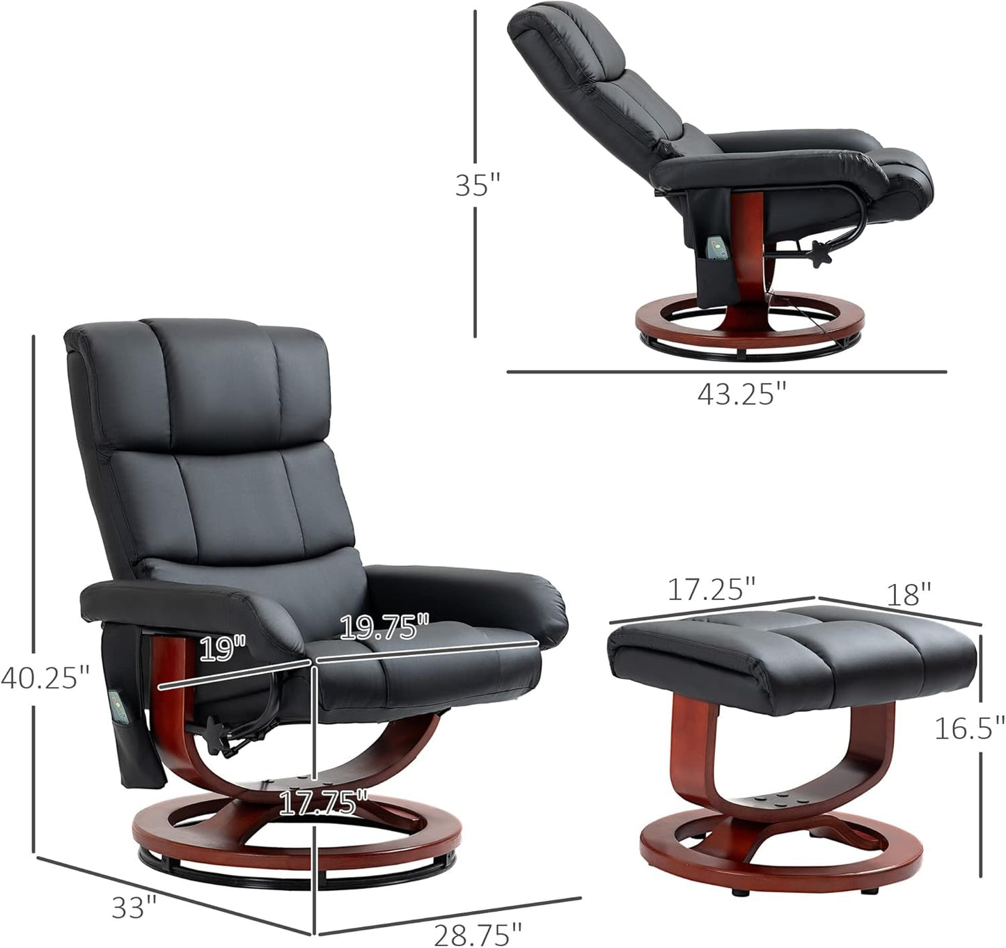 Massage Recliner Chair with Ottoman, Swivel Recliner and Footrest, Faux Leather Reclining Chair with Remote Control and Side Pocket, Black-2