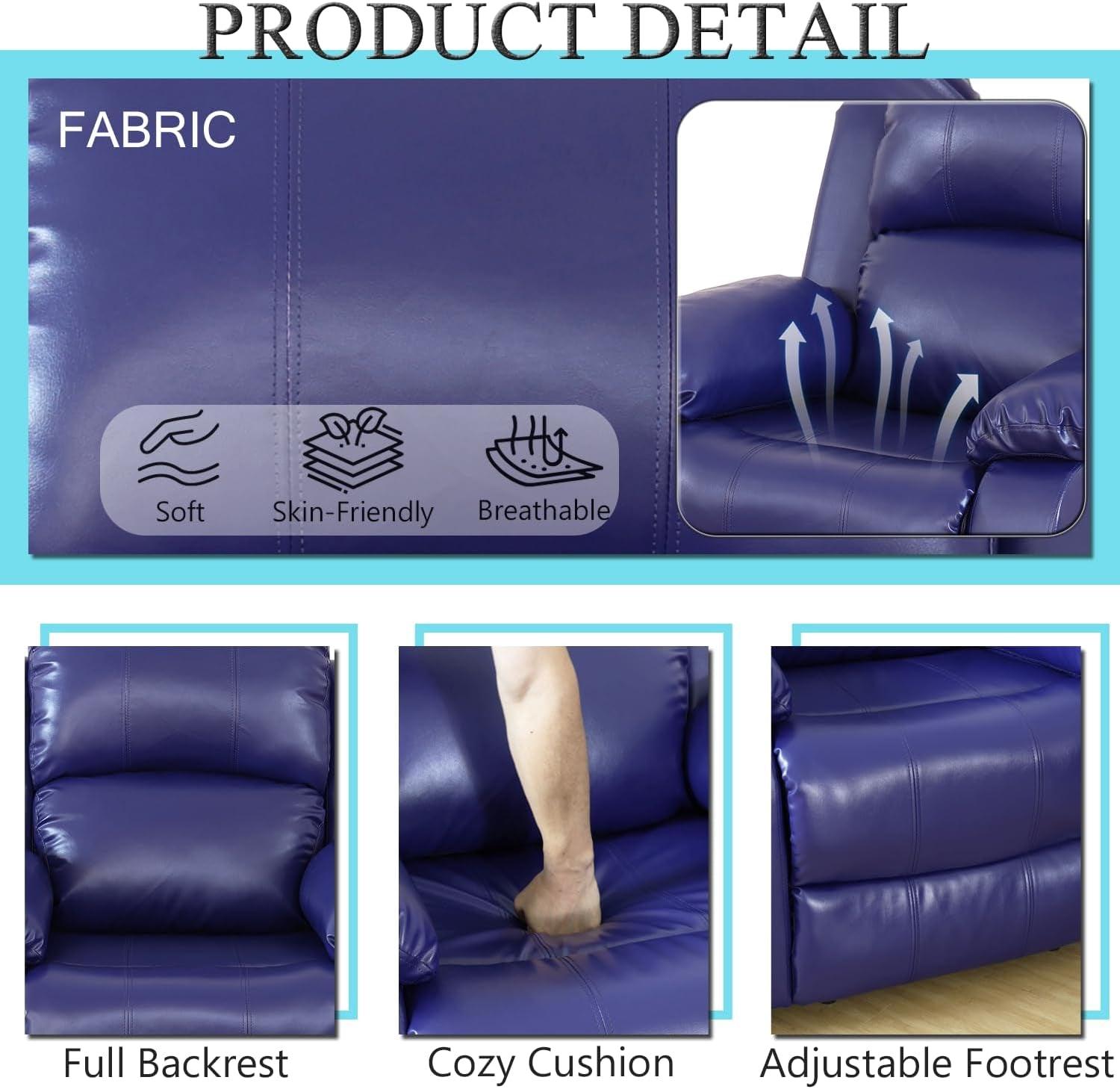 Leather Recliner Sofa Set，Leather Reclining Sofa Set for Living Room Furniture Sets，Dark Blue Recliner Couch Set for Living Room/Office/Theater Seating(Sofa Set 3 Pieces)-3