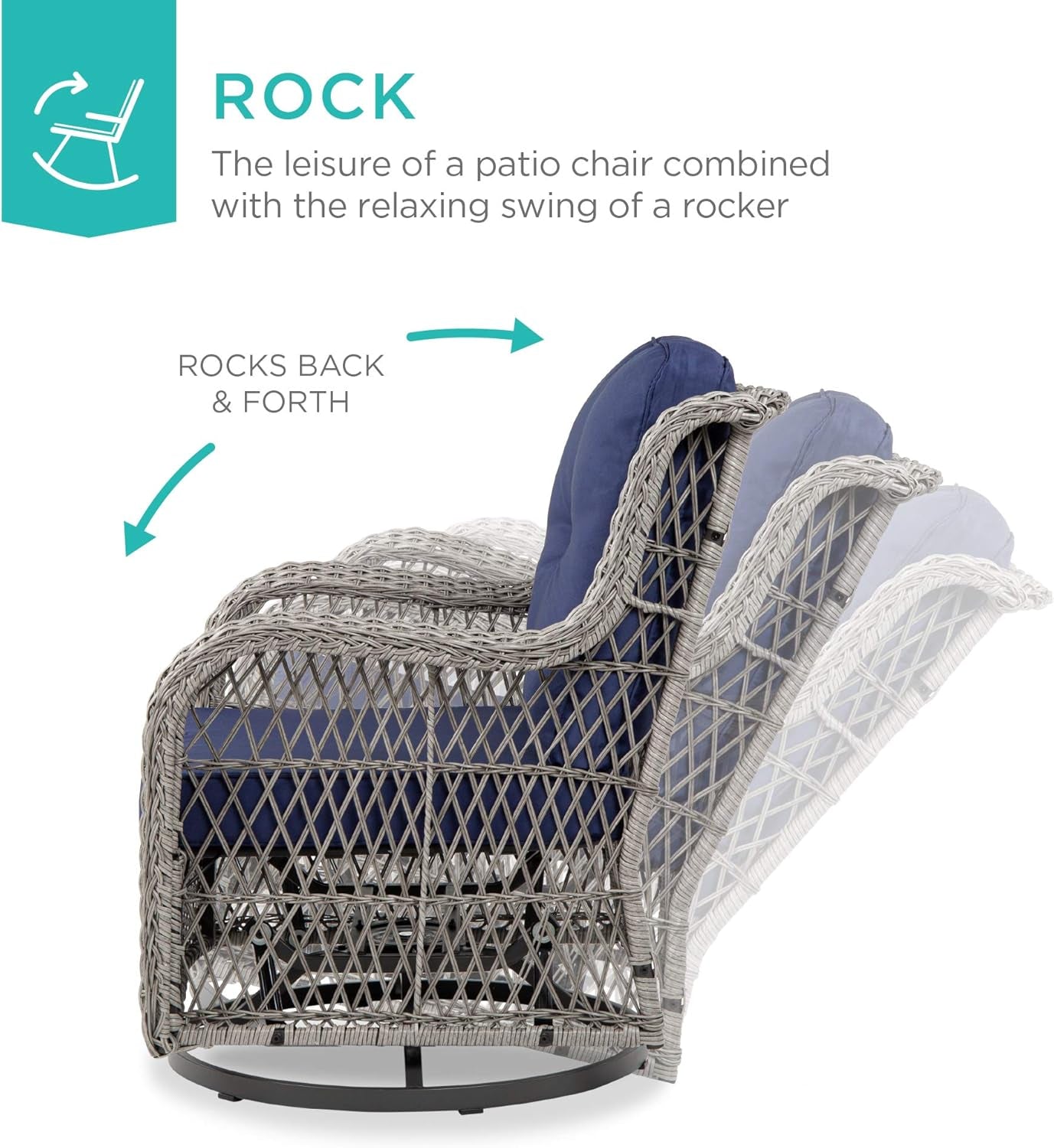 3-Piece Outdoor Wicker Patio Bistro Set W/ 2 360-Degree Swivel Rocking Chairs and Tempered Glass Top Side Table - Navy-2