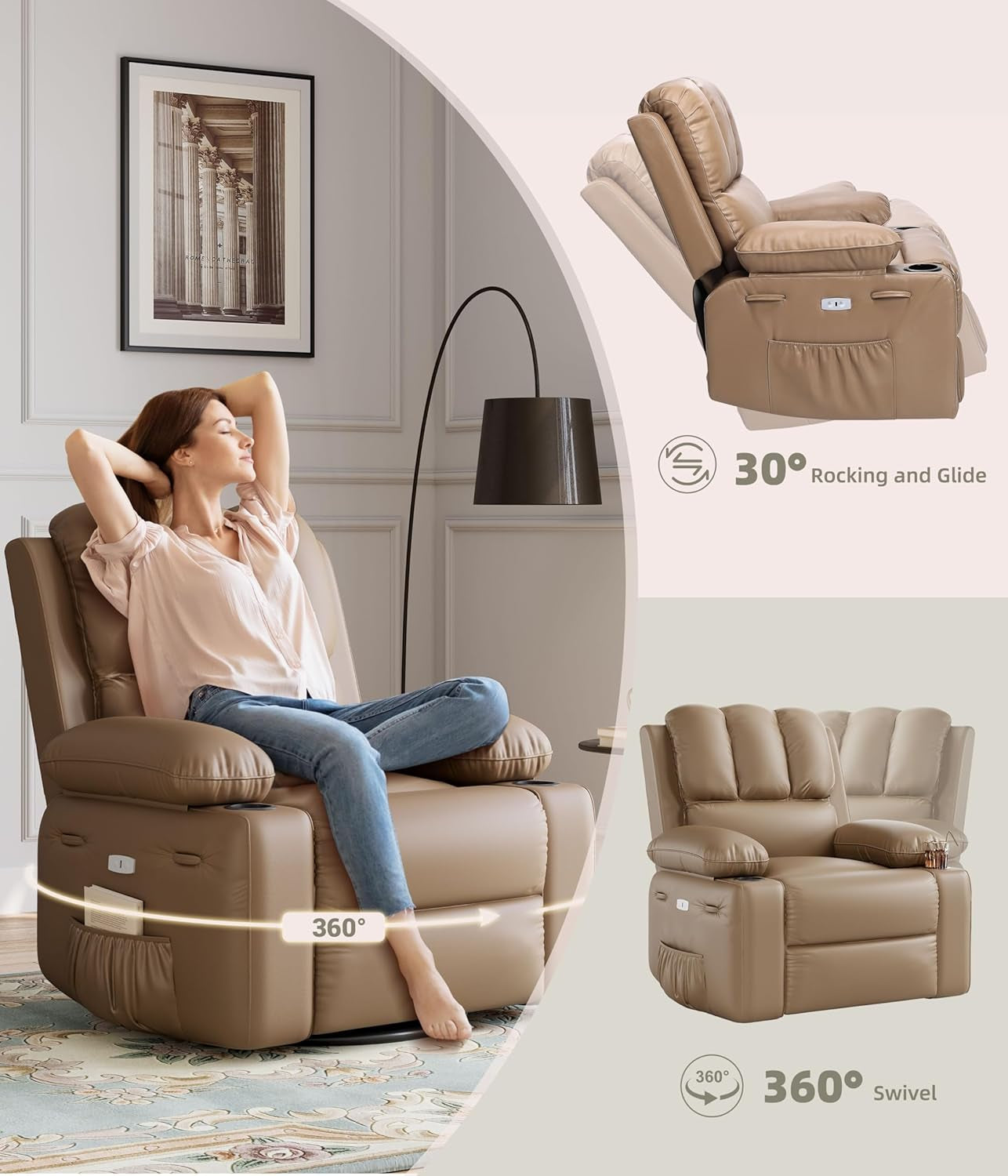 Oversized Electric Recliner Chair - 360° Rocker Swivel Recliner with Heat and Massage, PU Leather Large Recliner for Adults, Comfortable Lazy with 1.5X Sponge Filling for Living Room-3