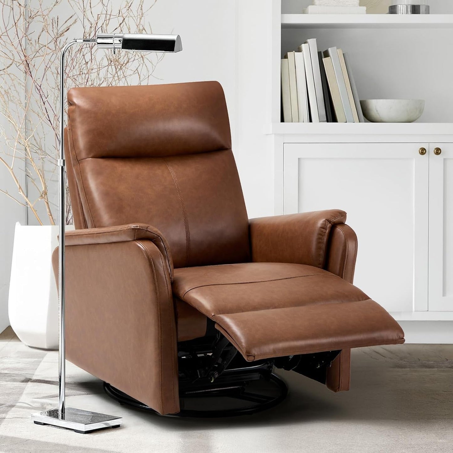 Swivel Rocking Recliner Glider Chair, Leather Nursery Reclining Rocker Chair with Footrest, Ergonomic Backrest, Wide Seat Cushion and Metal Base-Cocoa-0
