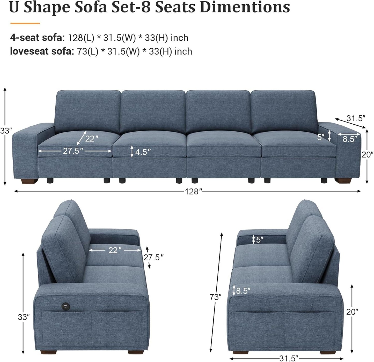 Blue U Shape Sectional Sofa for Living Room/Office 8 Seater Sofa Sets with Large Storage Space Comfy Chenille Cover (4-Seat Modular Sofa & 2×Loveseat Couch)-2