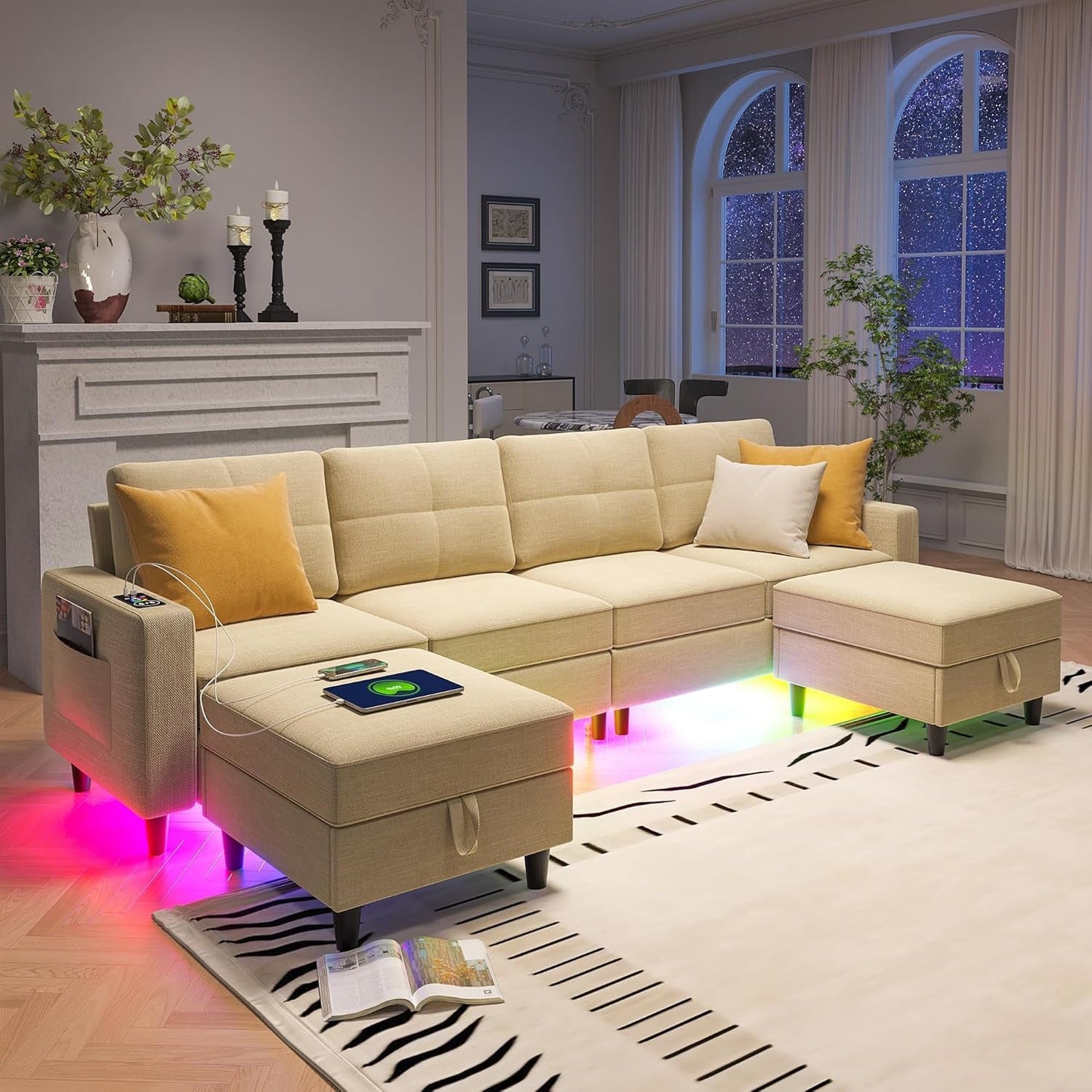 LED Sectional Couches for Living Room, Modular Sectional Sofa Set with Storage Ottomans, Oversized U Shaped Sofa Couch with Auto Sensor RGB Lights and Charging Station (Beige)-0