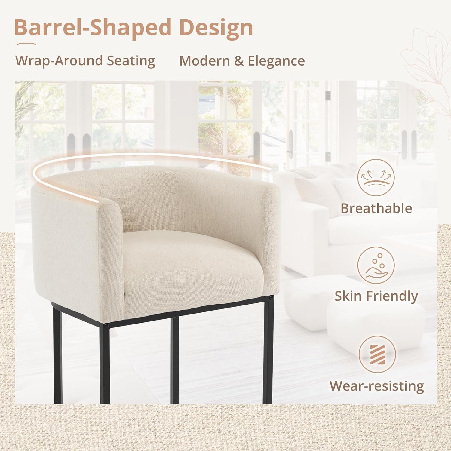 27" H Counter Height Bar Stools, Modern Barrel Counter Stools with Backrest and Arms, Black Metal Frames, Linen Fabric Upholstered Accent Barstools for Kitchen Island, Linen Color-4