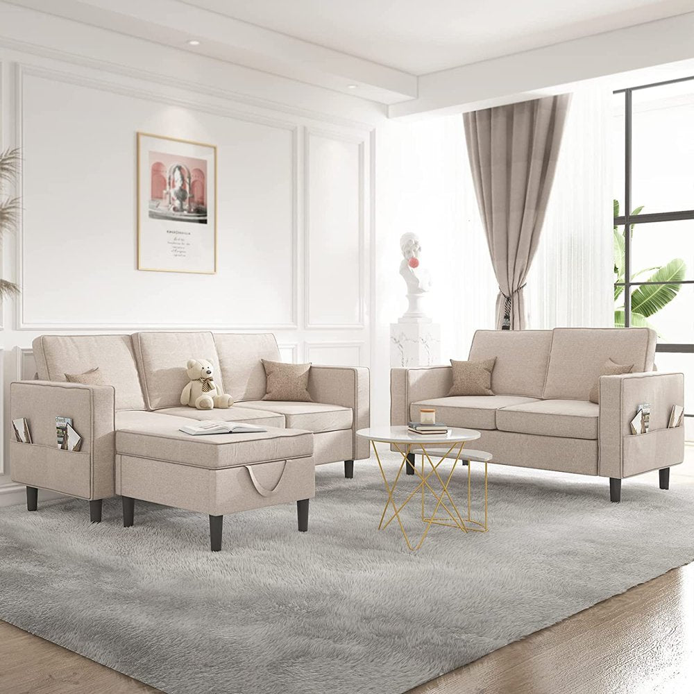 Convertible Sectional Sofa Couch with Storage Ottoman, 3 Pcs Couch Set with Storage Pockets, Sectional Couches for Living Room, 3-Seater + Ottoman + 1-Loveseat (Beige)-0