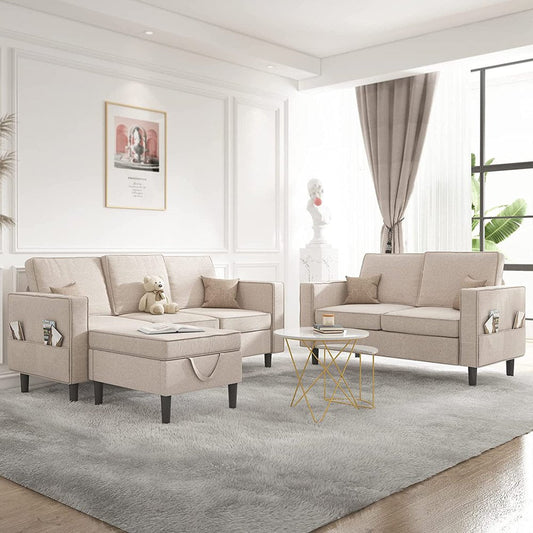 Convertible Sectional Sofa Couch with Storage Ottoman, 3 Pcs Couch Set with Storage Pockets, Sectional Couches for Living Room, 3-Seater + Ottoman + 1-Loveseat (Beige)-0