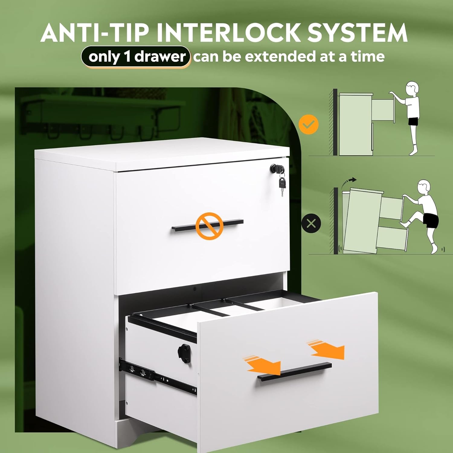 2-Drawer Wood Lateral File Cabinet with Lock for Office Home, White-4
