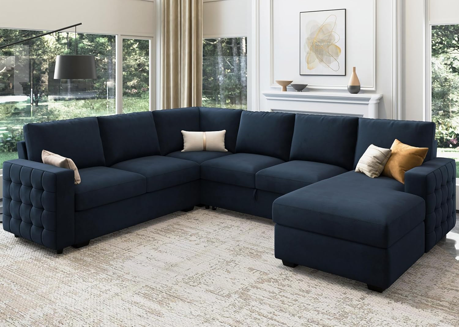 Velvet U-Sectional Sleeper Sofa, Pull-Out Bed, Blue-1