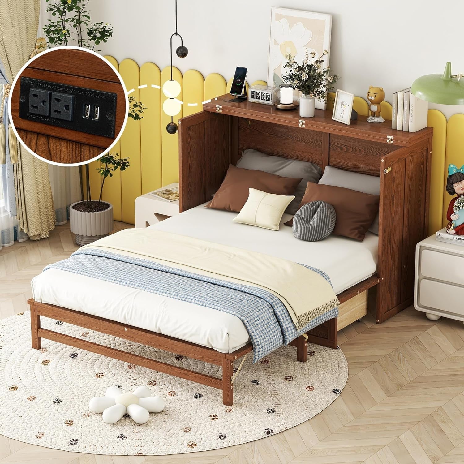 Walnut Queen Murphy Bed Cabinet USB Charging-0