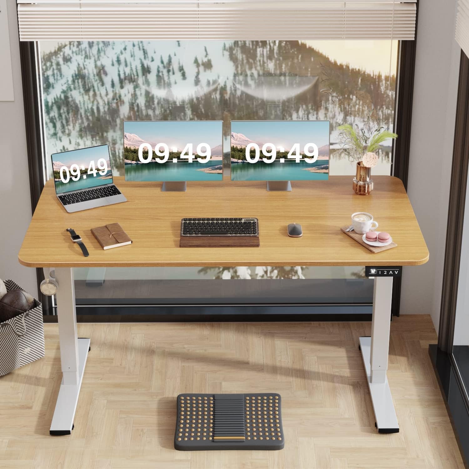 Electric Height Adjustable Standing Desk Large 55 X 24 Inches Sit Stand up Desk Home Office Computer Desk Memory Preset with T-Shaped Metal Bracket, Wood-3